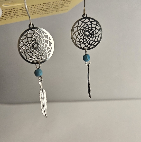 Dream Catcher Earrings Silver Round Blue Bead Feather - Picture 3 of 4